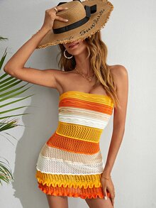 KARISMINA Summer Beach Color Block Lettuce Trim Pointelle Knit Tube Sweater Dress - Multicolor - View 4