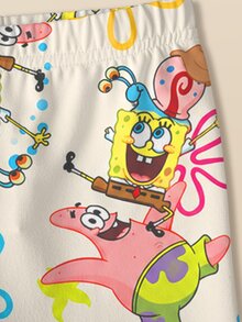 SpongeBob SquarePants | SHEIN 女童卡通印花圓領短袖休閒T恤短褲套裝 - 白色 - 查看 5