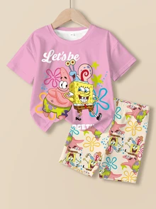 SpongeBob SquarePants | SHEIN 女童卡通印花圓領短袖休閒T恤短褲套裝 - 白色 - 查看 1