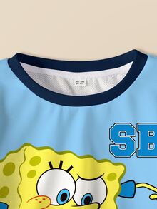 SpongeBob SquarePants | SHEIN 小男孩拼色拼接卡通印花運動衫與長褲套裝 - 白色 - 查看 3