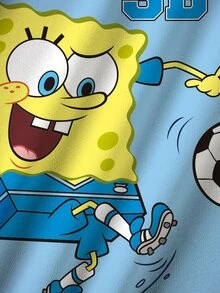 SpongeBob SquarePants | SHEIN 小男孩拼色拼接卡通印花運動衫與長褲套裝 - 白色 - 查看 4