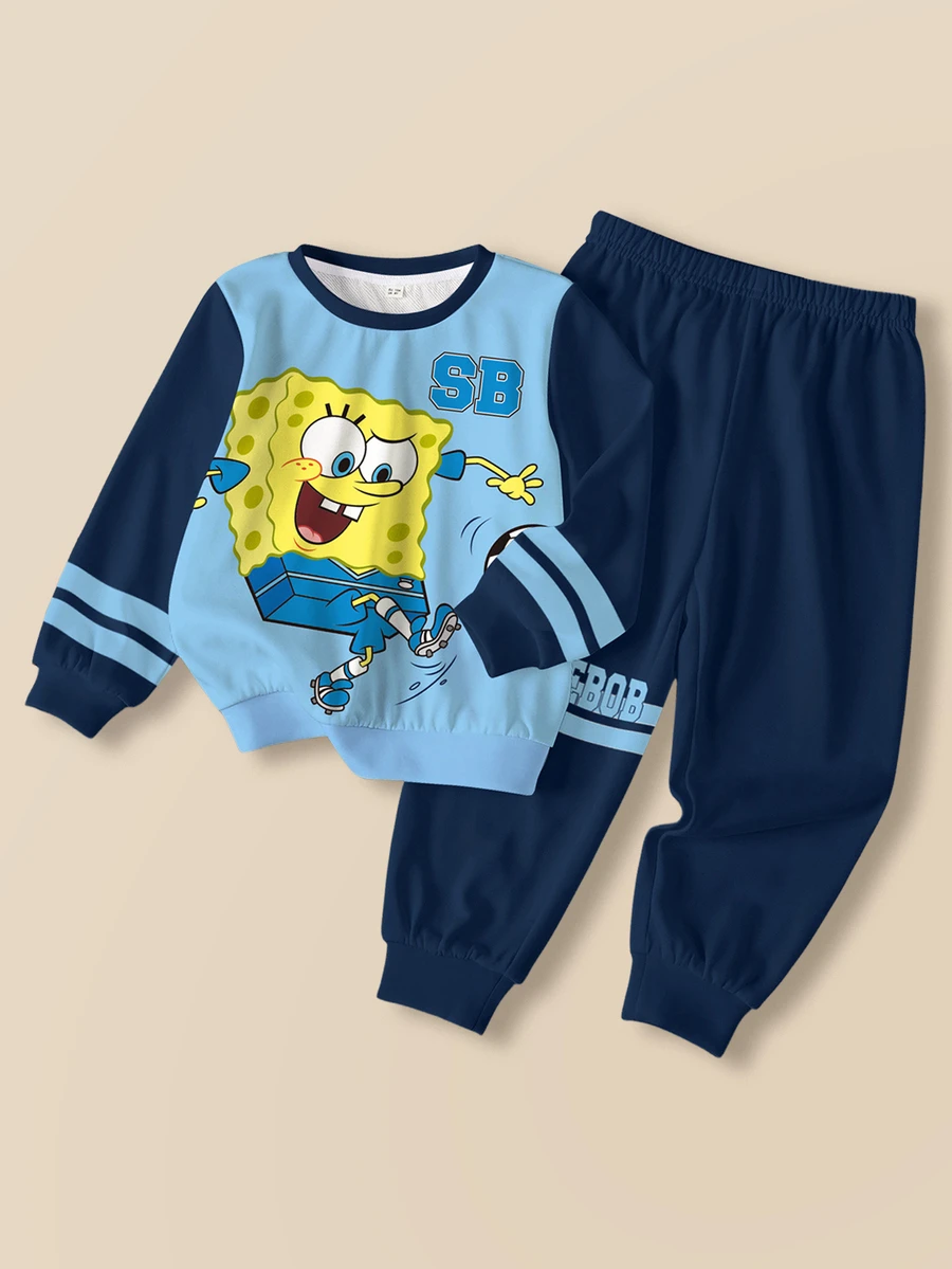 SpongeBob SquarePants | SHEIN 小男孩拼色拼接卡通印花運動衫與長褲套裝 - 白色 - 查看 1
