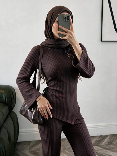 Solavon Damen einfarbiges Top und Hose arabisches Kleidungsset