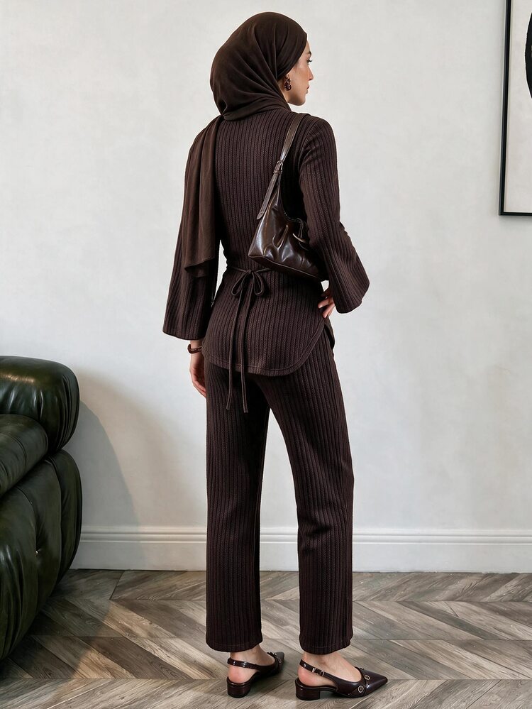 Solavon 女款純色上衣與長褲阿拉伯服飾套裝 - 咖啡棕 - 查看 2