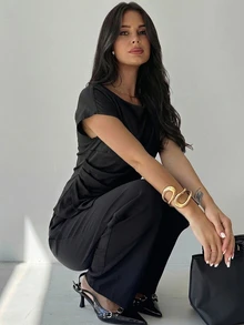 Firerie 女款黑色優雅緞面上衣，不對稱下擺純色上衣，適合辦公室、商務休閒、夏季日常穿著、教師、秋季通勤 - 黑色 - 查看 6
