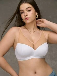 SHEIN Plus Size Mesh Patchwork Wireless Bra - White - View 7