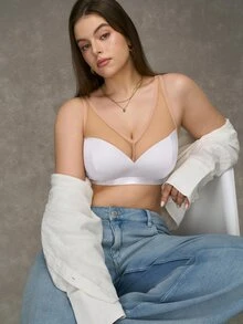 SHEIN Plus Size Mesh Patchwork Wireless Bra - White - View 3