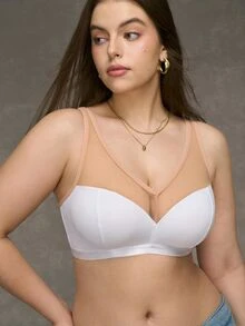 SHEIN Plus Size Mesh Patchwork Wireless Bra - White - View 1