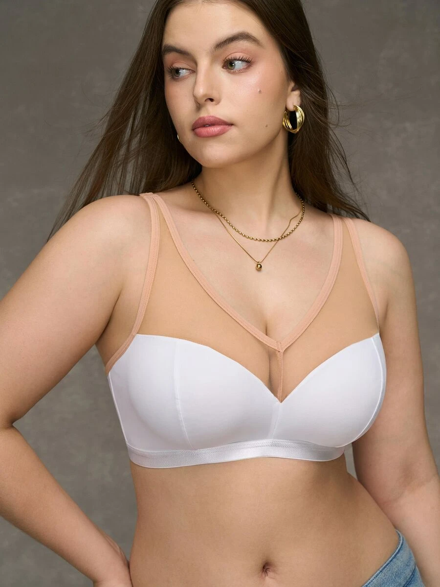SHEIN Plus Size Mesh Patchwork Wireless Bra - White - View 1