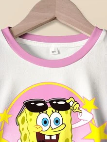 SpongeBob SquarePants | SHEIN 少女卡通印花短袖T恤與短褲休閒日常套裝 - 白色 - 查看 3