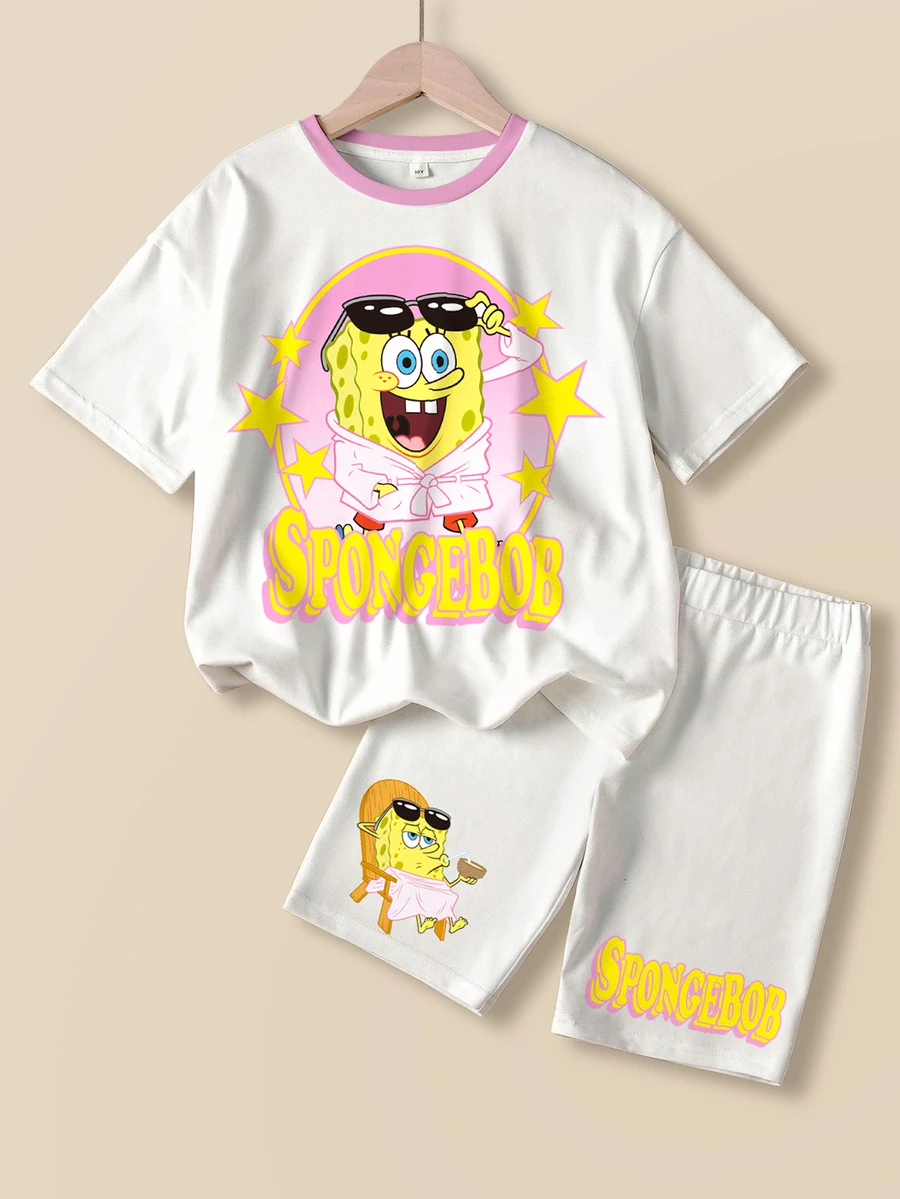 SpongeBob SquarePants | SHEIN 少女卡通印花短袖T恤與短褲休閒日常套裝 - 白色 - 查看 1