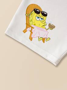 SpongeBob SquarePants | SHEIN 少女卡通印花短袖T恤與短褲休閒日常套裝 - 白色 - 查看 6