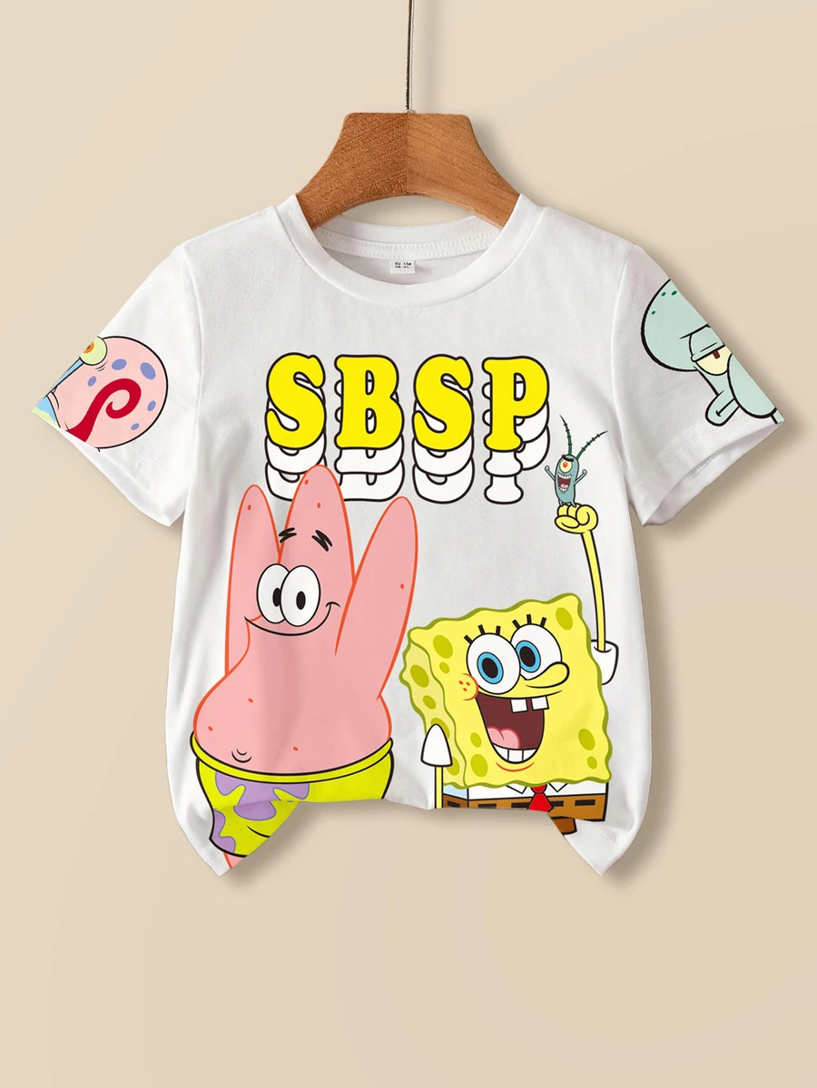 SpongeBob SquarePants | SHEIN 小男孩字母卡通印花休閒日常短袖T恤 - 白色 - 查看 1