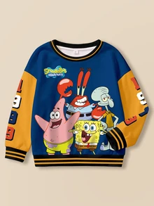 SpongeBob SquarePants | SHEIN Tween Boy Cartoon Print Crew Neck Long Sleeve Casual Sweatshirt - White - View 1