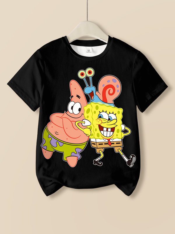 SpongeBob SquarePants | SHEIN Tween Boy Cartoon Print Round Neck Casual Daily Short Sleeve T-Shirt
