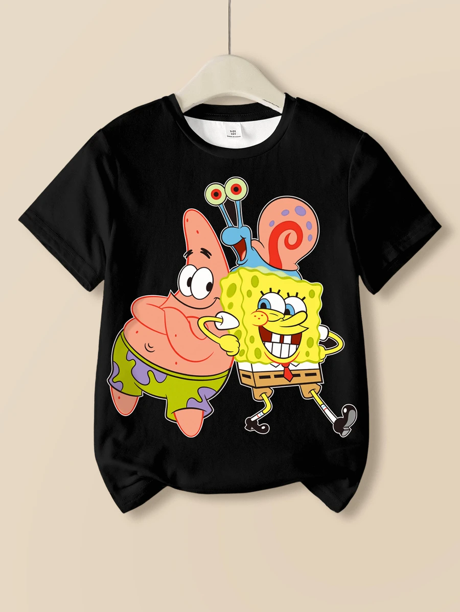 SpongeBob SquarePants | SHEIN Tween Boy Cartoon Print Round Neck Casual Daily Short Sleeve T-Shirt - White - View 1