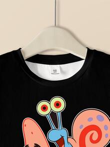 SpongeBob SquarePants | SHEIN Tween Boy Cartoon Print Round Neck Casual Daily Short Sleeve T-Shirt - White - View 3