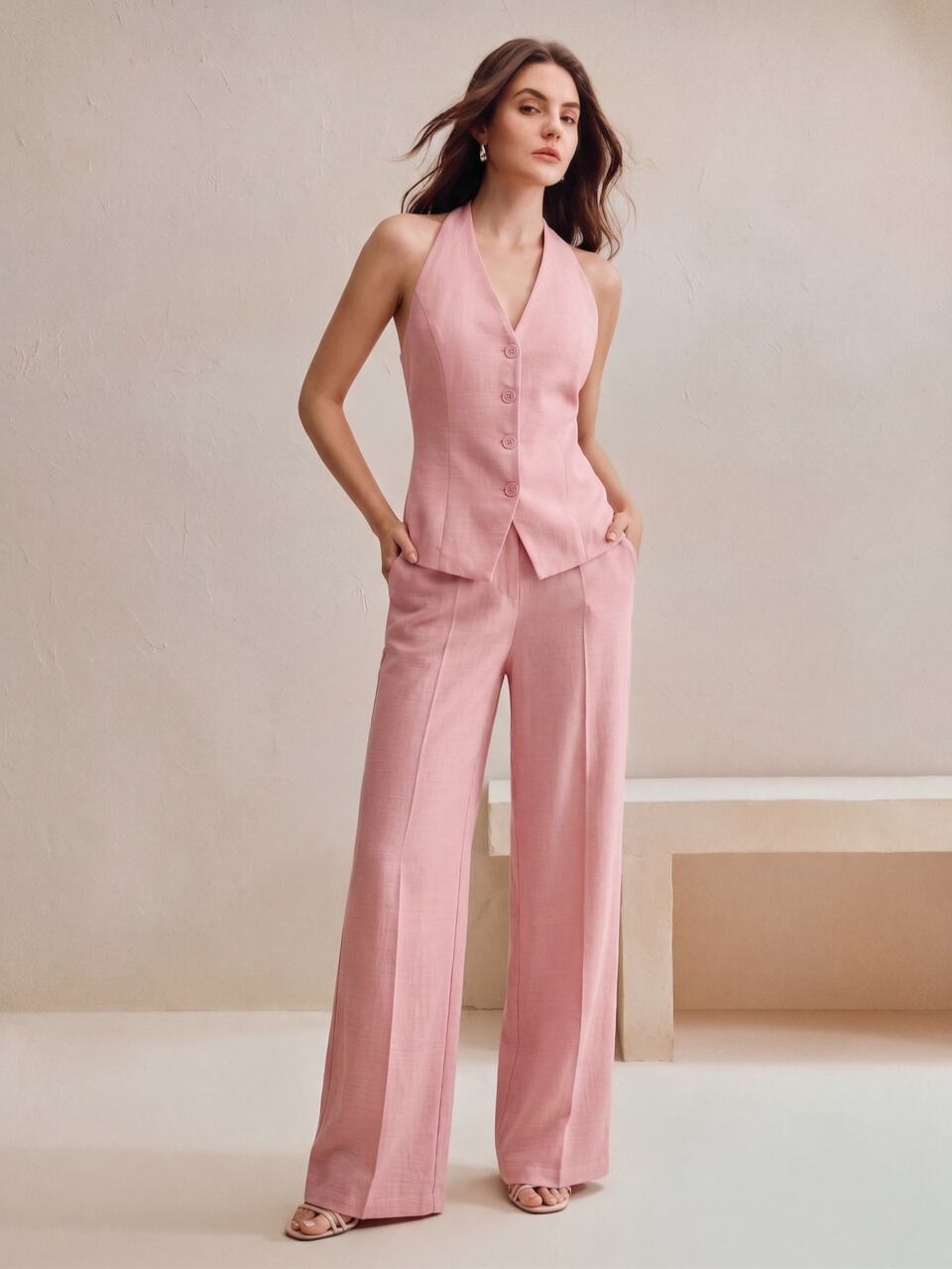 Conjunto de traje para mujer con chaleco chaqueta sin mangas de unicolor, estilo urbano moderno retro nuevo, sexy, ligeramente transparente, con patchwork de encaje en la espalda, cordones y lazo en la espalda, frente abierto + pantalones largos casuales versátiles de cintura alta con drapeado para mujer