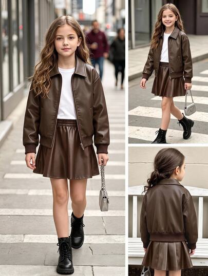 Girls Big Coffee Color Zipper Lapel Ribbed Cuff Streetwear Cool Versatile Motorcycle PU Leather Loose Jacket Back To School Fall Winter Outfit