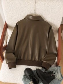 女款大咖啡色拉鍊翻領羅紋袖口街頭風酷感百搭機車 PU 皮革寬鬆夾克 開學季秋冬穿搭 - 咖啡棕 - 查看 3