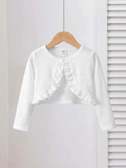 SHEIN 女童白色荷葉邊圓領長袖針織開襟衫