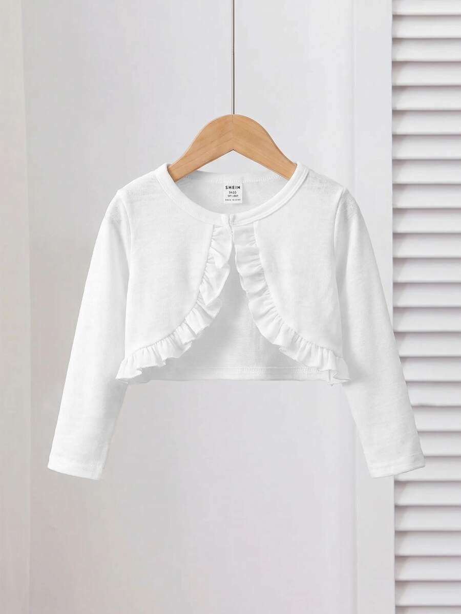 SHEIN 女童白色荷葉邊飾圓領長袖秋季針織開襟衫 - 白色 - 查看 1