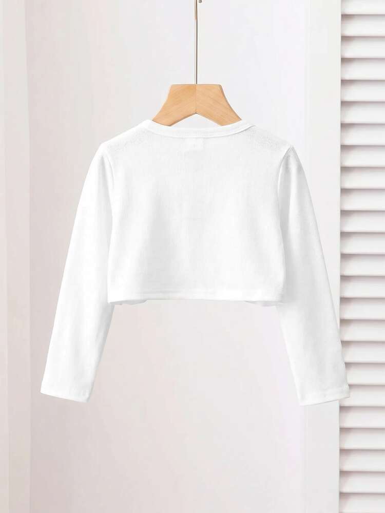 SHEIN Young Girls White Ruffle Baby Girl Trim Round Neck Long Sleeve Autumn Cardigan - White - View 2