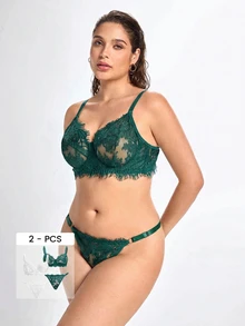 Slumbrini Hollow-Out Lace Push-Up Bra And Panty Set For Plus Size Women In Elegant Style, Lift Lingerie Set - Multicolor - View 1
