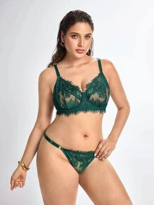 Slumbrini Hollow-Out Lace Push-Up Bra And Panty Set For Plus Size Women In Elegant Style, Lift Lingerie Set - Multicolor - View 5
