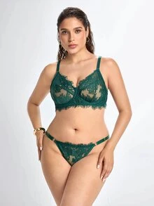 Slumbrini Hollow-Out Lace Push-Up Bra And Panty Set For Plus Size Women In Elegant Style, Lift Lingerie Set - Multicolor - View 3