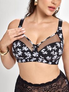 Slumbrini 大码女士网眼拼接性感舒适极简露背文胸 - 黑色 - 查看 6
