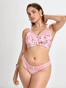 Slumbrini Plus Size Women Mesh Patchwork Sexy Casual Comfortable Minimalist Racerback Bra - Pink - View 3
