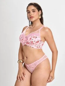 Slumbrini Plus Size Women Mesh Patchwork Sexy Casual Comfortable Minimalist Racerback Bra - Pink - View 5