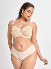 Slumbrini Plus Size Floral Lace Bra - Sheer Design, Wireless & Unpadded, Flattering For Larger Busts, Comfortable For Everyday Wear - Apricot - View 7