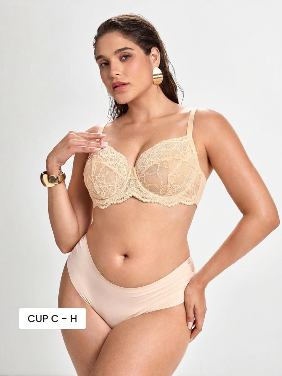 Slumbrini Plus Size Floral Lace Bra - Sheer Design, Wireless & Unpadded, Flattering For Larger Busts, Comfortable For Everyday Wear - Apricot - View 1