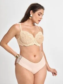 Slumbrini Plus Size Floral Lace Bra - Sheer Design, Wireless & Unpadded, Flattering For Larger Busts, Comfortable For Everyday Wear - Apricot - View 5