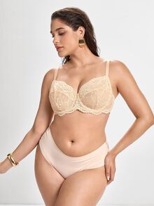 Slumbrini Plus Size Floral Lace Bra - Sheer Design, Wireless & Unpadded, Flattering For Larger Busts, Comfortable For Everyday Wear - Apricot - View 4