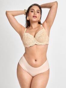 Slumbrini Plus Size Floral Lace Bra - Sheer Design, Wireless & Unpadded, Flattering For Larger Busts, Comfortable For Everyday Wear - Apricot - View 8