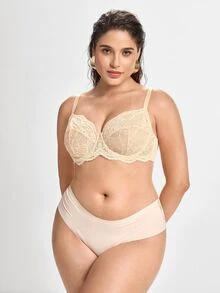Slumbrini Plus Size Floral Lace Bra - Sheer Design, Wireless & Unpadded, Flattering For Larger Busts, Comfortable For Everyday Wear - Apricot - View 3