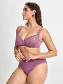 Slumbrini Plus Size Women's Sexy Lace Sheer Padded Underwire Full Coverage Bra, Pink - Lilac Purple - View 6
