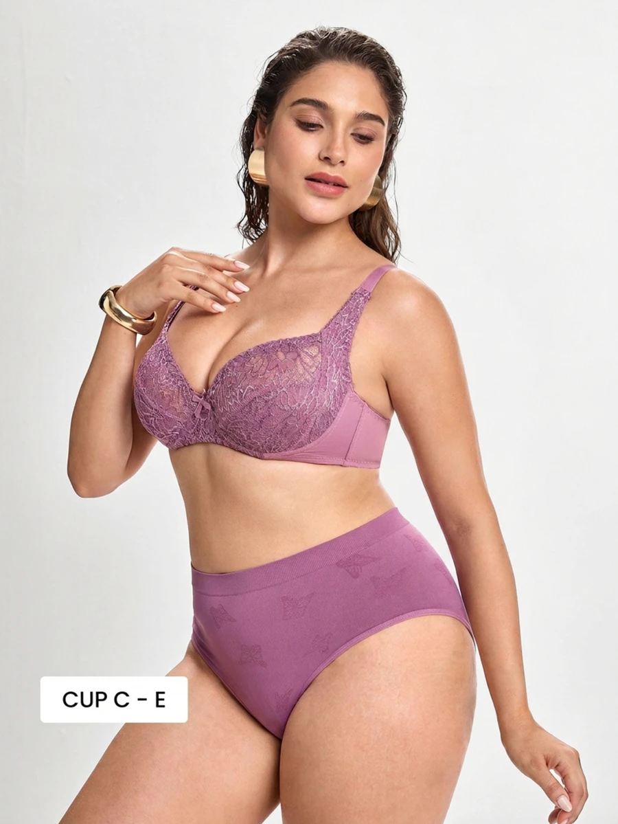 Slumbrini Plus Size Women's Sexy Lace Sheer Padded Underwire Full Coverage Bra, Pink