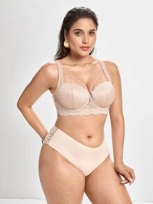 MIMILEMON Plus Size Comfortable Lace Underwire Bra - Wide Straps, Lift, Side Support, Full Coverage Design, Effectively Controls Side Bust - Beige - View 6