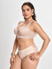 MIMILEMON Plus Size Comfortable Lace Underwire Bra - Wide Straps, Lift, Side Support, Full Coverage Design, Effectively Controls Side Bust - Beige - View 4
