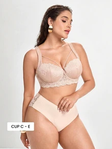 MIMILEMON Plus Size Comfortable Lace Underwire Bra - Wide Straps, Lift, Side Support, Full Coverage Design, Effectively Controls Side Bust - Beige - View 1