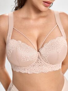 MIMILEMON Plus Size Comfortable Lace Underwire Bra - Wide Straps, Lift, Side Support, Full Coverage Design, Effectively Controls Side Bust - Beige - View 7