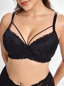 Slumbrini Plus Size Black Sexy Underwire Bra, Supportive Full Coverage Lift Bra - Black - View 8