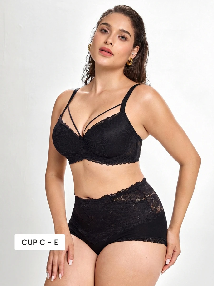 Slumbrini Plus Size Black Sexy Underwire Bra, Supportive Full Coverage Lift Bra