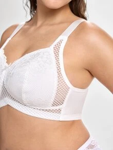 Slumbrini Plus Size Women Comfortable Wireless Lace Patchwork Bra - White - View 6