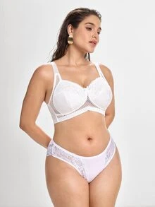 Slumbrini Plus Size Women Comfortable Wireless Lace Patchwork Bra - White - View 4