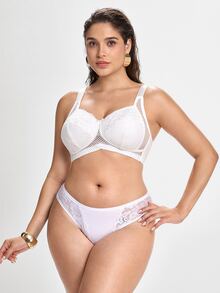 Slumbrini Plus Size Women Comfortable Wireless Lace Patchwork Bra - White - View 7